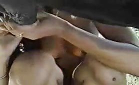 Slut teen rubbing his tits with a horse cock